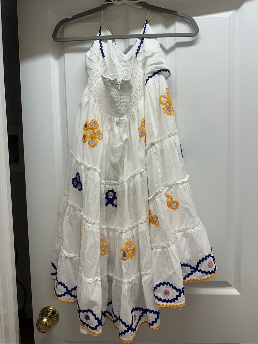 Juliet Dunn White Halter Mini Dress with Yellow & Navy rik rak & mirror detail - - Picture 6 of 6